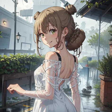 masterpiece, best quality, high quality,1girl,solo,,low double bun, double bun,low twintails,  white dress, see-through, wet, rain, evil smile, looking back,