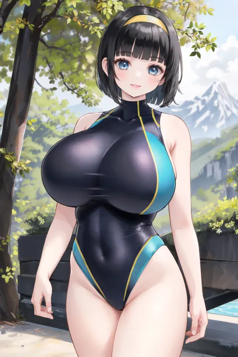 <lora:highswim:0.6>, highleg competition swimsuit, bob cut, black hair, blue eyes, hairband, huge breasts, outdoors, mountain, blunt bangs, smile, lips