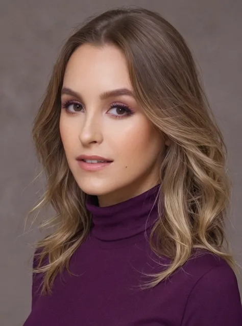 Portrait photo of c4rl4d14z woman, purple turtleneck blouse, sharp, high definition, photograph, detailed face