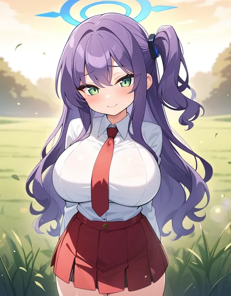 1girl, blue archive, solo, shortstack, 
long hair, wavy hair, purple hair, green eyes, side ponytail, large breasts, white shirt, collared shirt, seductive smile, red skirt, red necktie, halo, arms behind back, 
field, lens flare, 
masterpiece, best qualit...