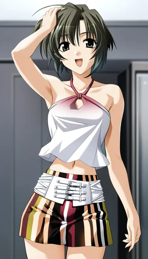 1girl,Kurosu Kanata,gradient crop top, white waistband with 3buckles, multicolored vertical striped short skirt, peach halterneck,bare shoulders, midriff, navel,white background,simple background,cowboy shot, standing, :d,masterpiece,solo,best quality,game...