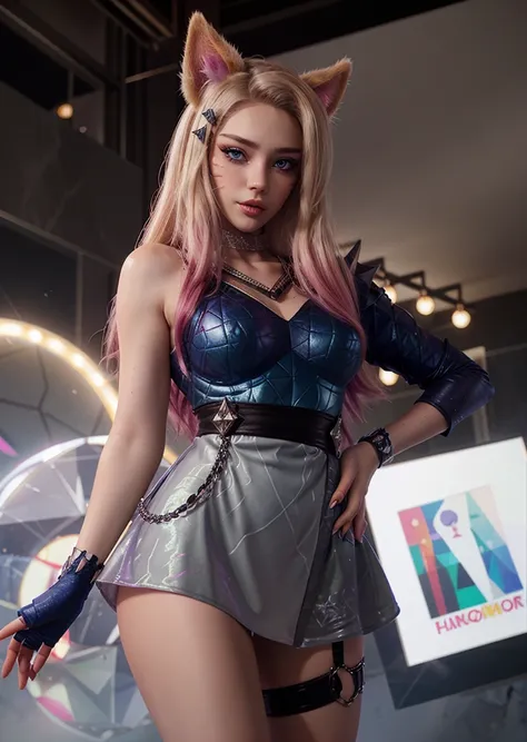 1girl, ahrikda, fox ears, 2tone hair, ((official k/da_(league_of_legends) outfit)), skirt, single sleeve, close up, portrait, headshot,