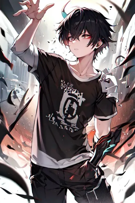 (masterpiece, best quality:1.2), 4K, rev2nd, anime boy, horn, black hair, white t-shirt, black pants, dynamic pose, shoulder guard,