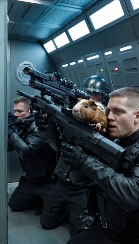 Science Fiction cinematic style stunning award winning portrait photo of a bunch of space marines with futuristic rifles taking cover behind a huge guinea pig, inside a spaceship , anamorphic,distorted lense,chromatic aberration,volumetric lighting,cinemat...