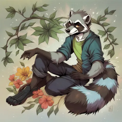 male, raccoon, full length portrait, detailed background, clothed, anthro, source_furry  <lora:PonyQualityV1.3:3>