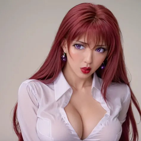 cinematic film still of  <lora:Hiroko Takashiro:1>
 <lora:PerfectEyesXL:1> Purple_Eyes
Hiroko Takashiro a woman with long red hair and a white shirt,1girl,solo,long hair,breasts,open mouth,large breasts,simple background,white background,bow,jewelry,purple...