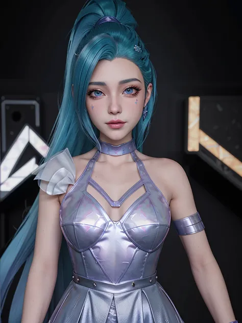 1girl, seraphinekda, blue hair ponytail, asymetrical bangs, ((official k/da_(league_of_legends))), (k/da dress), ((close up, portrait, headshot))