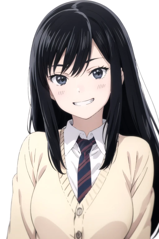 solo, 1girl, looking at viewer, 2D, anime, anime coloring, upper body, (solid white background:1.3), <lora:reiko-supercub-01:0.8>, reiko, cardigan, necktie, smile, grin