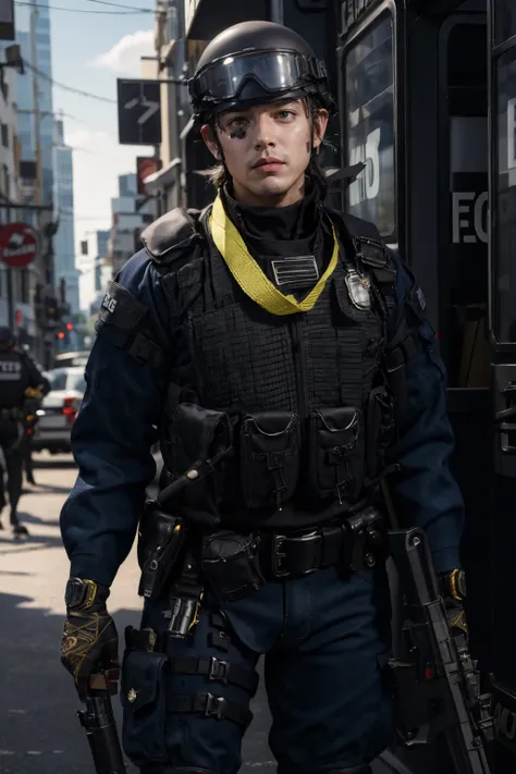 solo,outdoors,cityscape,<lora:0299 New York City Police Department_v1:0.9>,ruanyi0299,belt,boots,bulletproof vest,police uniform,holding weapon,h&k mp5,1boy,helmet,submachine gun,(cowboy shot:1.3),standing,, best quality,masterpiece,highres,official art,ex...