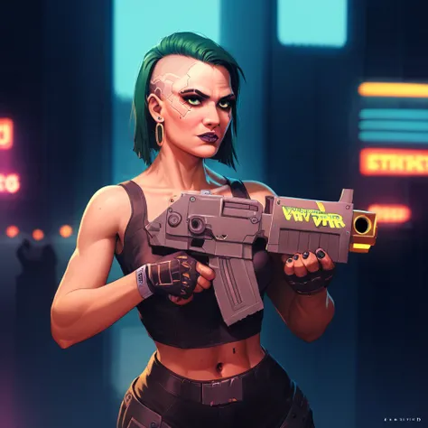 score_9, score_8_up, score_7_up, source_cartoon, a criminal robbing a bank aims (a bltgun bolter weapon) with both her hands, cyberpunk, city, heist,