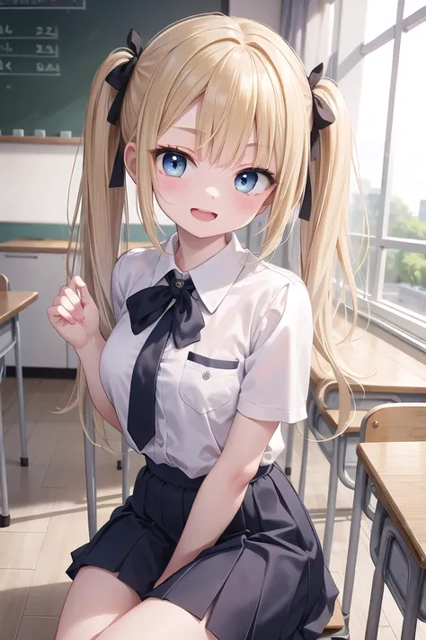 insanely detailed, absurdres, ultra-highres, ultra-detailed, best quality,
1 girl, solo, nice hands, perfect hands,
BREAK,
wearing summer school uniform, skirt,
evil smile, open mouth,
sitting,
45 angle, cowboy shot, looking at viewer,
BREAK,
slender, kawa...