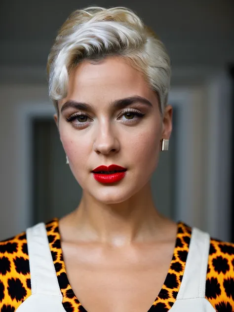 A beautiful st3f4n14f woman, 1girl,solo,looking at viewer,short hair,dress,jewelry,(((white hair))),cowboy shot,earrings,parted lips,arms up,lips,makeup,lipstick,animal print,eyeshadow,purple background,red lips,leopard print,soft lighting, professional Ph...