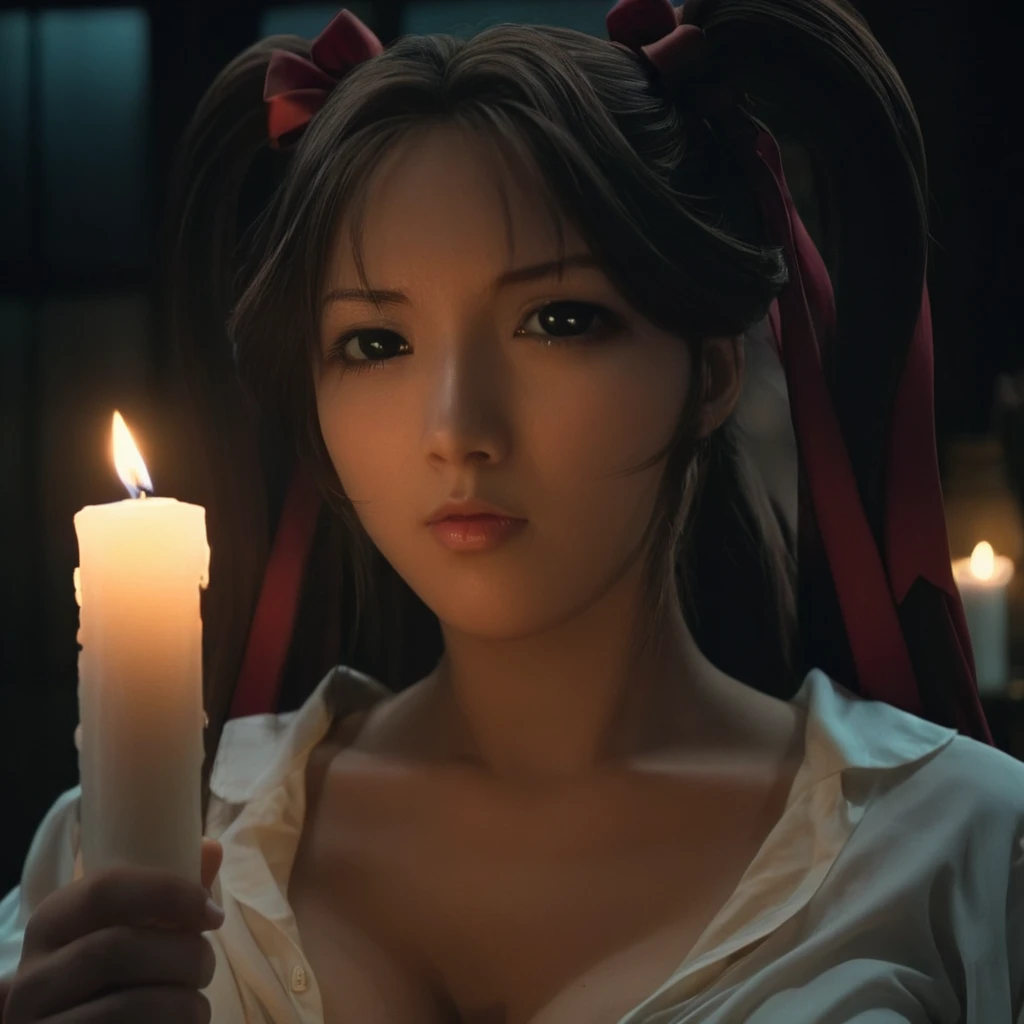 cinematic film still of  <lora:Yuki Toudou:1>
Yuki Toudou a woman holding a candle in her hand,1girl,solo,long hair,breasts,large breasts,shirt,ribbon,twintails,hair ribbon,open clothes,open shirt,no bra,candle black_eyes, short brown hair, pigtail, eroge,...