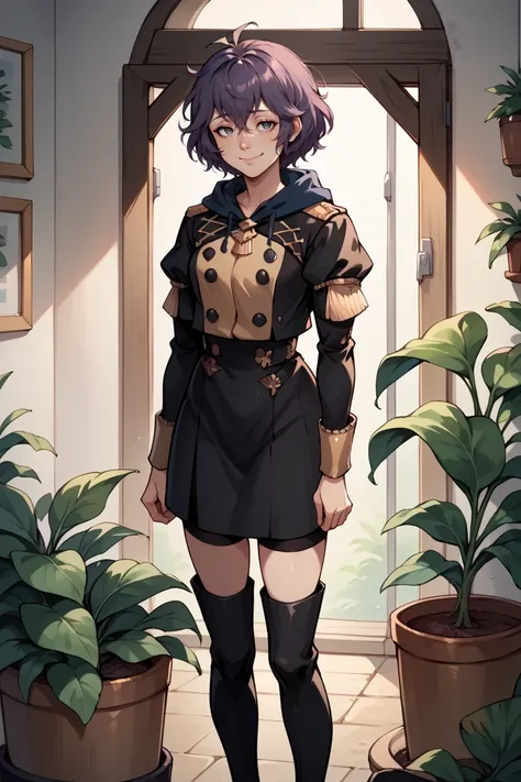 score_9, score_8_up, score_7_up, score_6_up, source_anime, 1girl BREAK <lora:bernadetta-pdxl-nvwls-v1:1> defBernie, messy hair, black uniform, hood down, long sleeves, black skirt, thigh boots, venus flytrap, greenhouse, indoors, plants, smile, closed mout...