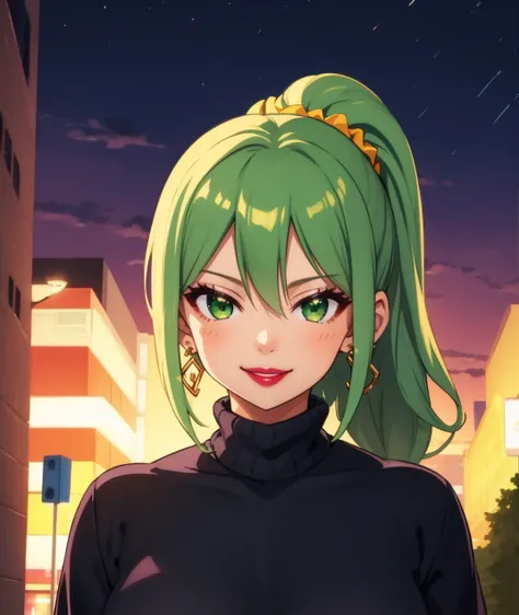 <lora:EZ_WitchRegret_MSV2:0.8>,ezwitchregret,maturefemale, green hair,greeneyes,lips,calm smile,High ponytail,hair scrunchie,turtle neck sweater, nighttime city,earrings,lipstick