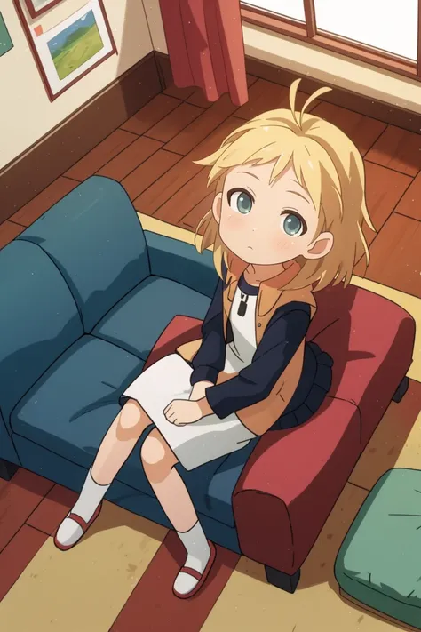 masterpiece, consistent background, indoors, 
 <lora:Black_bullet tina sprout_v2:0.7> tina sprout, sitting on sofa, drone pov, dutch angle, from above, looking at viewer