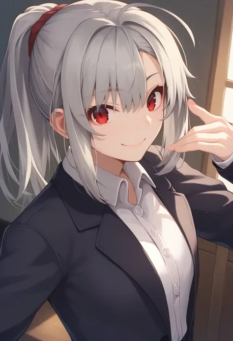 score_9, score_8_up, score_7_up, source_anime, 1girl,red eyes,smile, room, ponytail,grey hair, portrait,hand on hip,  blazer, by nekodaruma <lora:Nekodaruma-Style-PonyXL-000048:1>