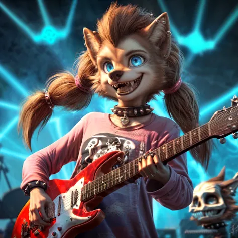 Masterpiece, best quality, realistic, textured fur, <lora:winnie_v1:0.7>, furry, brown fur, young wolf cub girl, winnie playing electric guitar, oversized electric guitar, bspiked collar, piercings, earring, rock show, laser, long shirt, pink shirt, skull ...