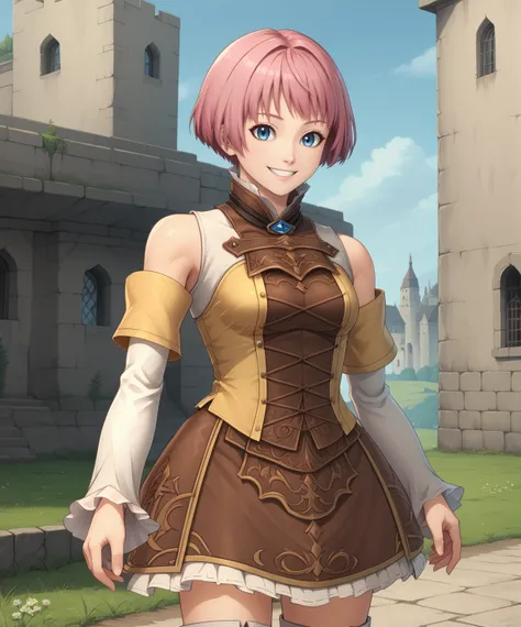 yulie,blue eyes,pink hair,smile, short hair, 
standing,bare shoulders,detached sleeves,brown attire,
outdoors,
(insanely detailed, masterpiece, best quality),solo,<lora:yulieWNC:0.8>,