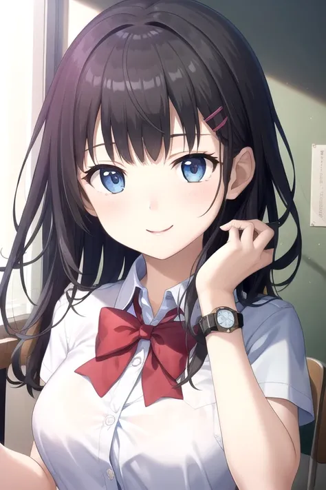 ((masterpiece)),(best quality),official art,extremely detailed CG,unity 8k wallpaper,ultra detailed,beautiful detailed eyes,extremely detailed face,classroom,1girl,solo,upper body,(portrait:1.5),looking at viewer,facing viewer,smile,Yoshikiri Tooka,very lo...