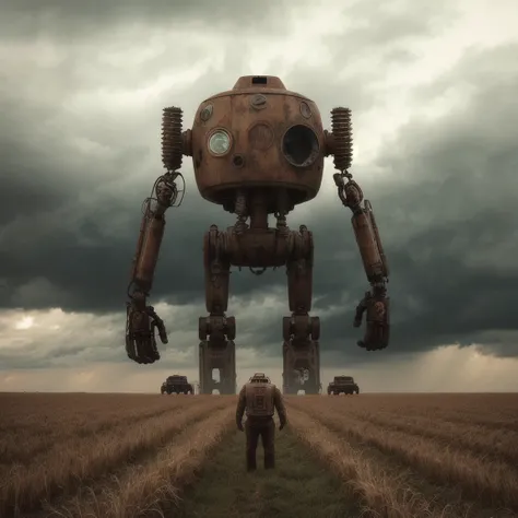 a rusty retro-futuristic robot in a wheat field, stormy godray sky, by simon stalenhag, cinematic, sharp focus, intricate, dramatic light, (abstract narrative:1.1), Canon EOS 5D Mark IV, high emotional impact, experimental photography