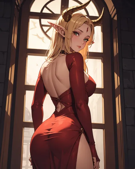 (masterpiece, best quality),long horns,mature elf,seductive,red dress,long gold hair,from below,sfw,from side,turning around,looking at viewer