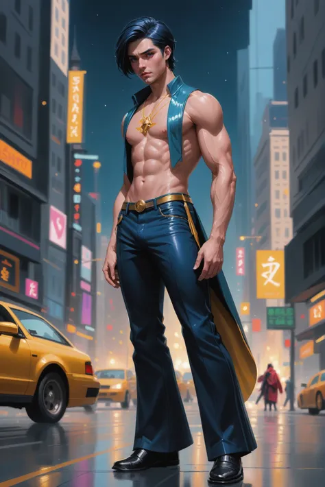 digital painting, (full body:1.2), 1boy, man, masculine, solo, [:fantastical costume design,:0.2] paladin, bell-bottoms, korean, matte darkslateblue hair, (solid:1) build, mysterious fantasy megacity outside of time