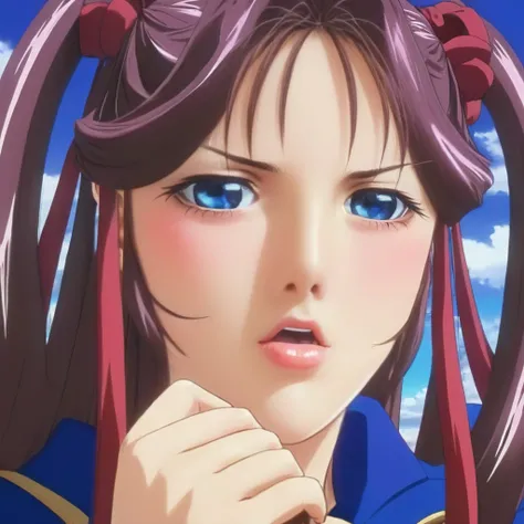 anime artwork of  <lora:Yuki Toudou:1>
Yuki Toudou a woman with long hair and blue eyes,1girl,solo,long hair,looking at viewer,blue eyes,purple hair,parted lips,portrait,close-up,retro artstyle,1990s (style) black_eyes, short brown hair, pigtail, eroge,ani...