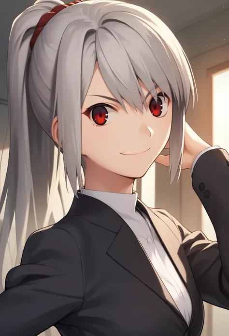 score_9, score_8_up, score_7_up, source_anime, 1girl,red eyes,smile, room, ponytail,grey hair, portrait,hand on hip,  blazer, by koyamahirokazu <lora:Koyama-Style-PonyXL-000020:1>