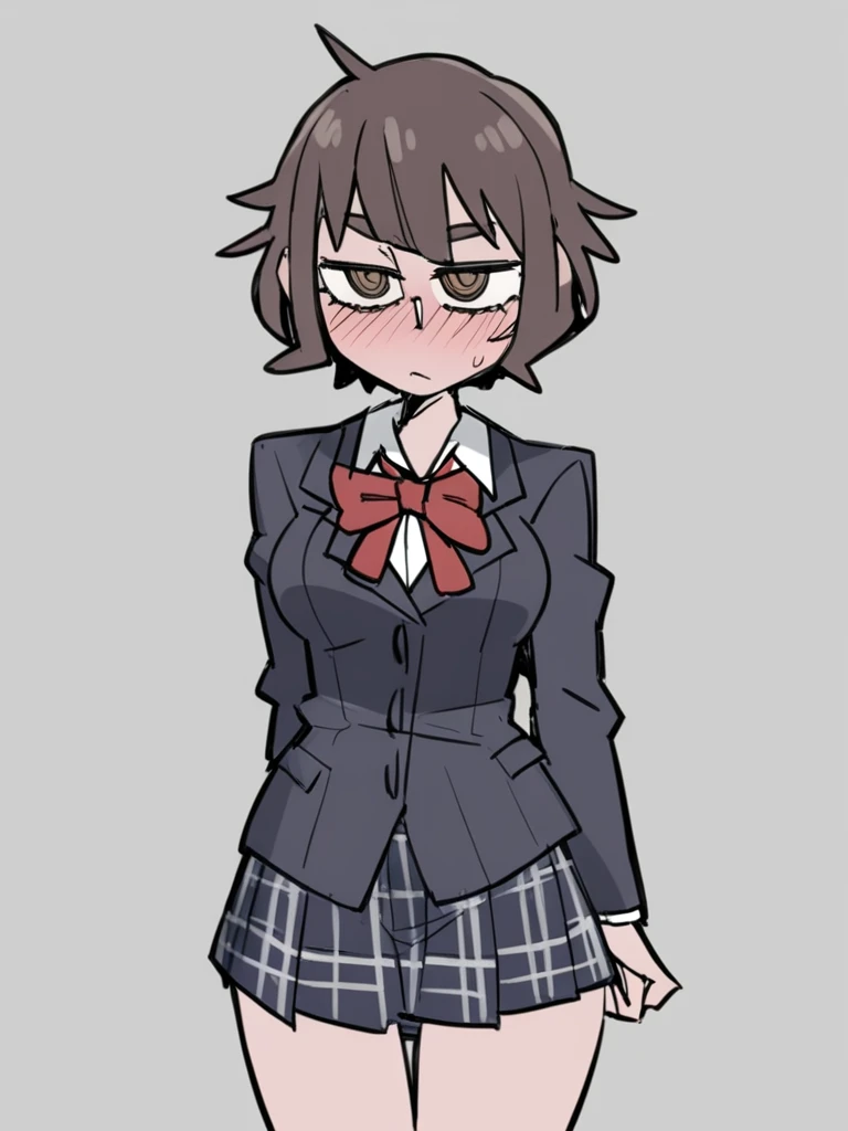 <lora:xl_Helltaker(kohaku_delta)-000003:1>,Helltaker style,1girl, solo, school uniform, brown hair, brown eyes, skirt, blush, jacket, short hair, plaid skirt, blazer, plaid, masterpiece, best quality,