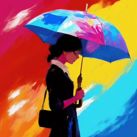 Woman with umbrella, digital painting, The technique employs bold brush strokes and a high-contrast color scheme emphasizing the background