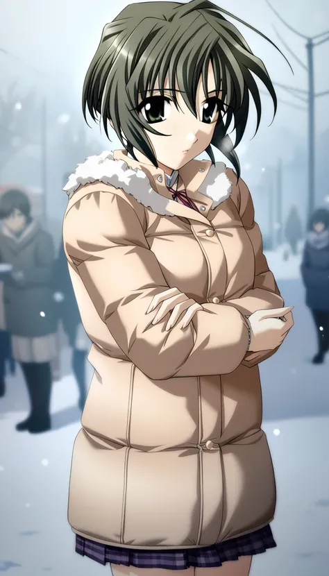 1girl,Kurosu Kanata,brown coat, fur trim, plaid skirt, school uniform collar,snowing,winter,masterpiece,solo,best quality,game cg, (detailed beautiful eyes:1.3),(beautiful face:1.2),<lora:KurosuKanataXL:1>,