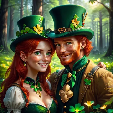 Man and girl, freckles, red hair, beautiful eyes, leprechaun top hat, wearing a shamrock necklace, forest background, shy smile, drinks yellow beer