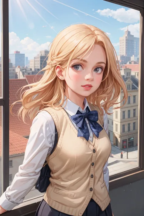 1girl, matured female, vest, bow, photo, realistic, best quality, hires, detailed face, office, buildings from window, detailed background, diffused sunlight, depth of field, bokeh,3d,<lora:detail:0.4>