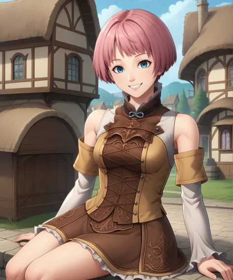 yulie,blue eyes,pink hair,smile,short hair, 
bare shoulders,detached sleeves,brown attire,
outdoors, town square,  sitting,  
(insanely detailed, masterpiece, best quality),solo,<lora:yulieWNC:0.8>,