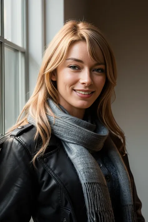 CoxH4bTTXV1A,
a woman wearing a black jacket and scarf standing next to a window with a black jacket on her shoulders, big smile,
(professional photo shooting), (high buget photo), (extremely detailed skin), (flawless skin), (model pose), (highly detailed ...