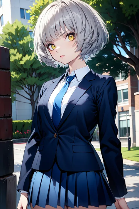 1girl, outdoors, (cowboy shot:1.2), serious, 
momoshiro_chiyoko, yellow eyes, grey hair, short hair, school uniform, blue blazer, necktie, pleated skirt, blue skirt,  <lora:momoshiro_chiyoko_lora_ver1:0.7>, best quality, masterpiece, highres, <lora:GoodHan...