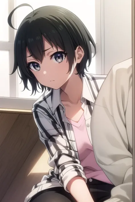 misatoudou, <lora:misa toudou s1-lora-nochekaiser:1>,
misa toudou, short hair, black hair, ahoge, (black eyes:1.3),
BREAK shirt, plaid shirt, open clothes, pink shirt, pants,
BREAK indoors, office,
BREAK looking at viewer, dynamic pose,
BREAK <lyco:GoodHan...