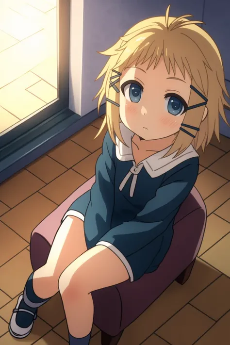 masterpiece, consistent background, indoors, 
 <lora:Black_bullet tina sprout_v2:0.7> tina sprout, sitting on sofa, drone pov, dutch angle, from above, looking at viewer