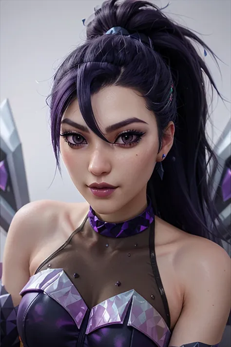 1girl, kaisakda, purple hair, bangs with ponytail, ((official k/da_(league_of_legends) outfit)), ((complete outfit)), simple background, white background, ((close up, headshot)), makeup, ((extremely detailed face)),