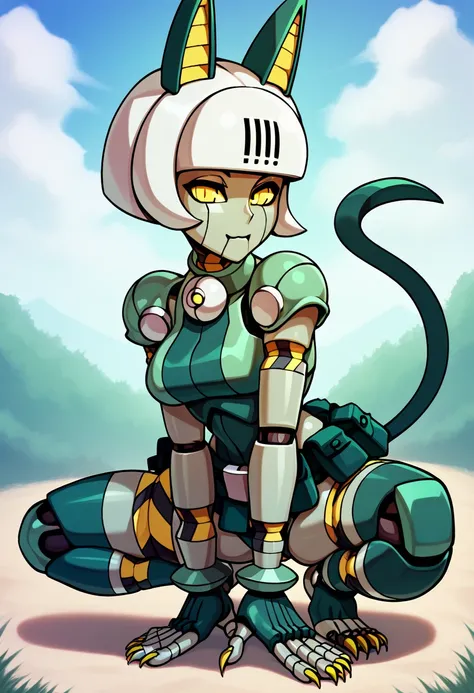 score_9, robo-fortune, 1girl, solo, yellow eyes, no humans, android, robot, robot joints, joints, humanoid robot, colored skin, bell, bob cut, short hair, white hair, tail, cat ears, pouch, claws, belt pouch, looking at viewer, medium breasts, outdoors, sq...