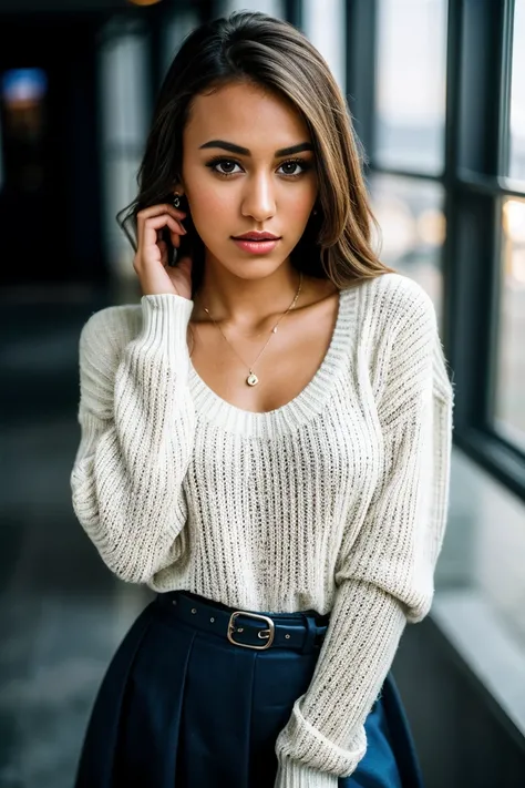 photo of beautiful (J4n1ceGr1ff1thV2-140:0.99), a woman, perfect hair, (modern photo), wearing a (long sleeved sweater:1.2) and long skirt with jewelry, portrait, 85mm, (analog, cinematic, film grain:1.3), (AR City, Augmented reality city with interactive ...