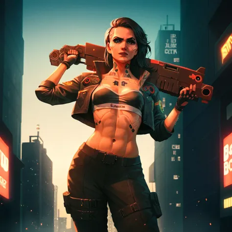 score_9, score_8_up, score_7_up, source_cartoon, a criminal robbing a bank aims (a bltgun bolter weapon) with both her hands, cyberpunk, city, heist,