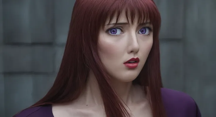 cinematic film still of  <lora:Hiroko Takashiro:1>
A realistic cinematic portrait of red_long_hair purple_eyes red_lips beautiful Hiroko Takashiro staring at camera with serious surprise look on her face, Baiburu Burakku style, Bible Black style
 <lora:Kod...