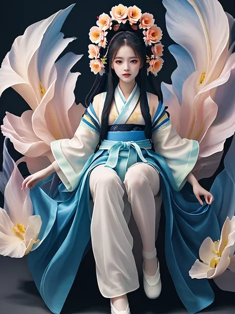 masterpiece,best quality,32k uhd,insane details,intricate details,hyperdetailed,hyper quality,high detail,ultra detailed,Masterpiece,<lora:flora:0.7>,1girl,flower,full body,hanfu,