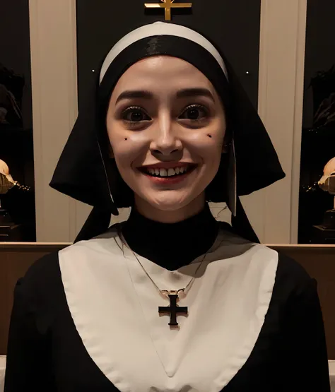 1girl,big eyes,dilated pupils,crazy smile,(head tilt),looking at viewer,pale skin,nun,cross necklace,upper_body,solo,no humans,cathedral,darkness,black_theme,Uncanny Valley,<lora:Horror_Uncanny_Valley_v1.0:0.8>,