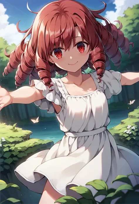 score_9, score_8_up, score_7_up, source_anime, 1girl,red eyes,smile, outdoors, best quality,  red hair, ringlets, outstretched arms,  white sundress, by hiroyama_hiroshi  <lora:Hiroshi-Style-PonyXL-000020:1>