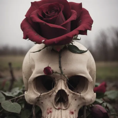 a beautiful red rose breaking trough an overgrown skull , old overgrown skull surface, blood dripping from rose, overcast post apocalyptic sky, cinematic, sharp focus, intricate, dramatic light, (abstract narrative:1.1), Canon EOS 5D Mark IV, high emotiona...