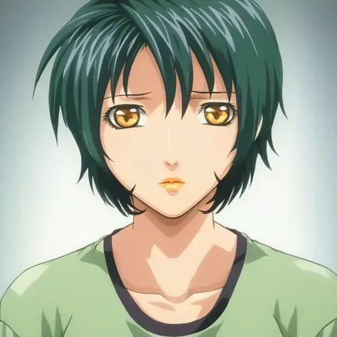 anime artwork of  <lora:Yukiko Minase:1>
Yukiko Minase a close up of a person with brown eyes,1girl,solo,looking at viewer,short hair,black hair,hair between eyes,brown eyes,yellow eyes,lips,close-up brown_eyes, short light_green hair, choppy hair, eroge,a...