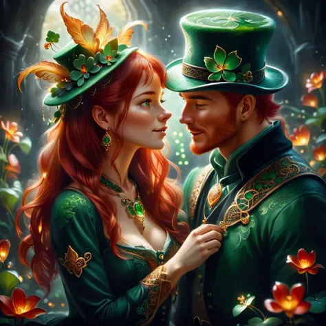 Man and girl, freckles, red hair, beautiful eyes, leprechaun top hat, wearing a shamrock necklace, celtic background, shy smile sparkling, elegant and unique, gently swaying, mysterious and charming, realistic and abstract art, details, very realistic, bea...